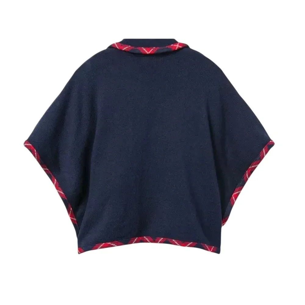 Janie and Jack Girls Plaid Trim Cape 6-12‎ Months Wool Blend Navy Jacket Poncho - Picture 2 of 7
